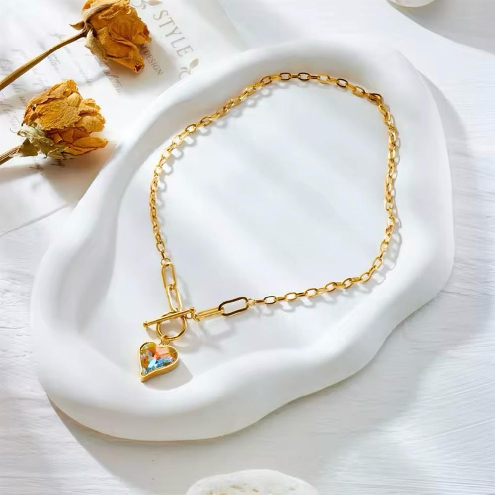 Clearance! AB Crystal Heart Borealis Prism Minimalist Paperclip Chain Necklace - Picture 5 of 6